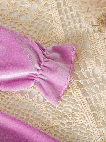 1pc Young Girls Black Long Sleeve Ruffled Velvet Maxi Dress, Casual Style, Autumn/Winter