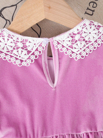 1pc Young Girls Black Long Sleeve Ruffled Velvet Maxi Dress, Casual Style, Autumn/Winter