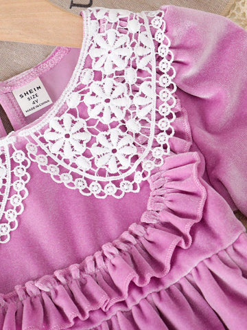 1pc Young Girls Black Long Sleeve Ruffled Velvet Maxi Dress, Casual Style, Autumn/Winter