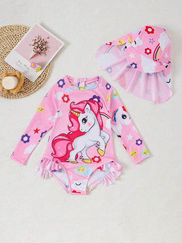 1pc Young Girls Cartoon Horse Printed One-Piece Swimsuit
