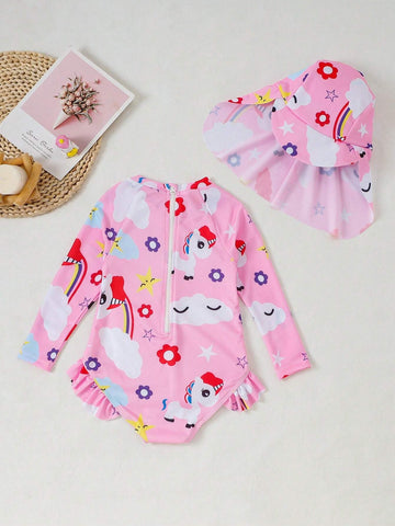 1pc Young Girls Cartoon Horse Printed One-Piece Swimsuit