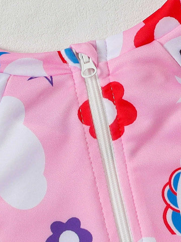 1pc Young Girls Cartoon Horse Printed One-Piece Swimsuit