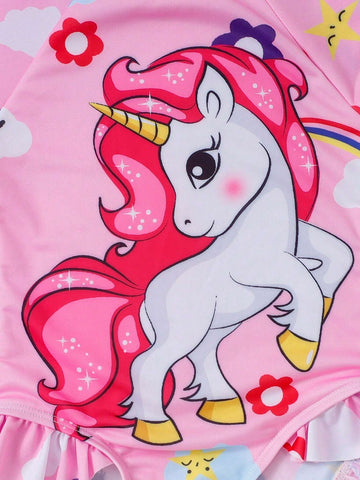 1pc Young Girls Cartoon Horse Printed One-Piece Swimsuit