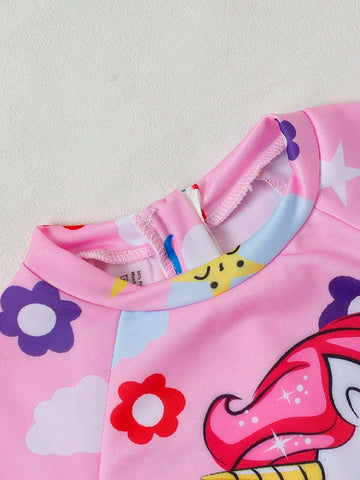 1pc Young Girls Cartoon Horse Printed One-Piece Swimsuit