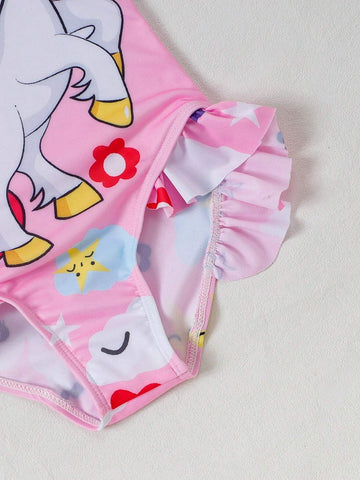 1pc Young Girls Cartoon Horse Printed One-Piece Swimsuit