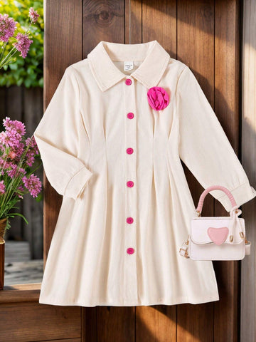 1pc Young Girls Casual Apricot Long Sleeve Shirt Dress, Autumn/Winter