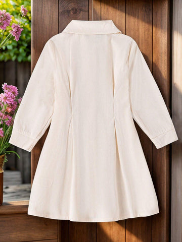 1pc Young Girls Casual Apricot Long Sleeve Shirt Dress, Autumn/Winter