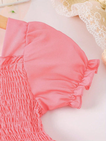 1pc Young Girl's Casual Gradient Sunflower Printed Short Puff Sleeve Lightweight Weaved Dress For Summer