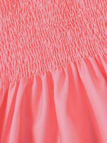 1pc Young Girl's Casual Gradient Sunflower Printed Short Puff Sleeve Lightweight Weaved Dress For Summer