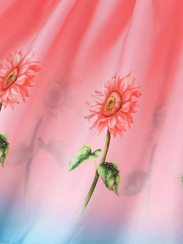 1pc Young Girl's Casual Gradient Sunflower Printed Short Puff Sleeve Lightweight Weaved Dress For Summer