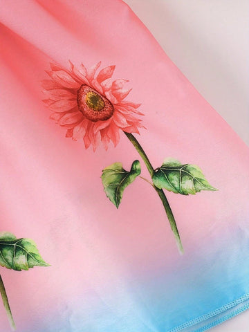 1pc Young Girl's Casual Gradient Sunflower Printed Short Puff Sleeve Lightweight Weaved Dress For Summer