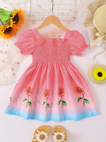 1pc Young Girl's Casual Gradient Sunflower Printed Short Puff Sleeve Lightweight Weaved Dress For Summer