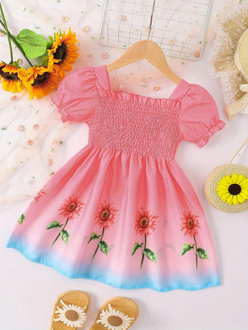 1pc Young Girl's Casual Gradient Sunflower Printed Short Puff Sleeve Lightweight Weaved Dress For Summer
