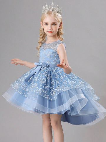 1pc Young Girls' Casual High-End Comfortable Sweet Cute Campus Style Birthday Party Runway Host Fluffy Tulle A-Line Princess Dress, Spring/Summer/Autumn