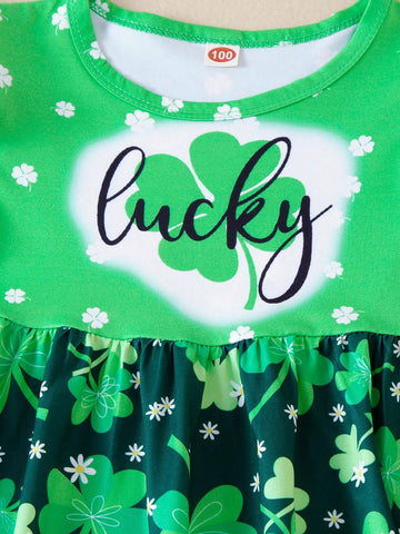 1pc Young Girls' Casual Irish St. Patrick's Day Three-Leaf Clover Pattern Printed Short Sleeve Knitted Dress