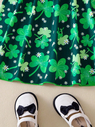 1pc Young Girls' Casual Irish St. Patrick's Day Three-Leaf Clover Pattern Printed Short Sleeve Knitted Dress
