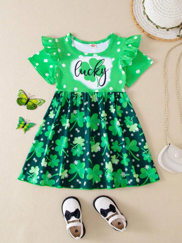 1pc Young Girls' Casual Irish St. Patrick's Day Three-Leaf Clover Pattern Printed Short Sleeve Knitted Dress