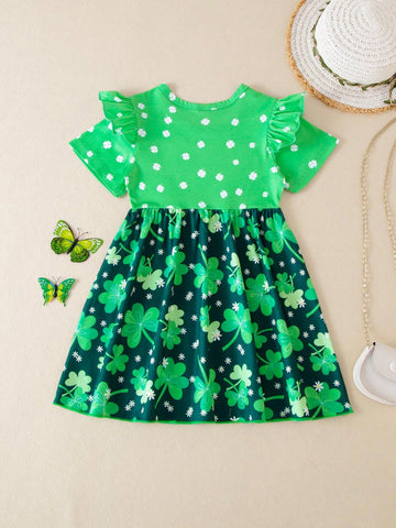 1pc Young Girls' Casual Irish St. Patrick's Day Three-Leaf Clover Pattern Printed Short Sleeve Knitted Dress