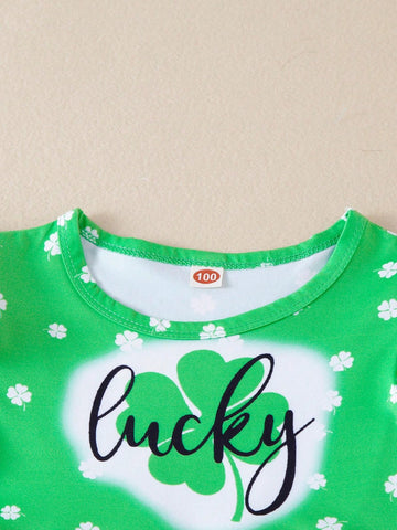 1pc Young Girls' Casual Irish St. Patrick's Day Three-Leaf Clover Pattern Printed Short Sleeve Knitted Dress