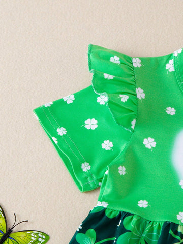 1pc Young Girls' Casual Irish St. Patrick's Day Three-Leaf Clover Pattern Printed Short Sleeve Knitted Dress