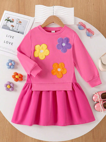 1pc Young Girls Casual Round Neck Pink Floral Print Long Sleeve Dress, Cute & Sweet, Autumn/Winter