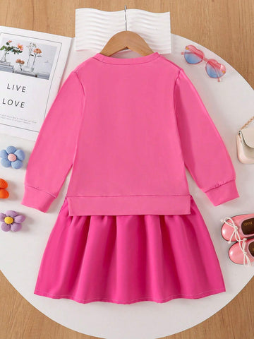 1pc Young Girls Casual Round Neck Pink Floral Print Long Sleeve Dress, Cute & Sweet, Autumn/Winter