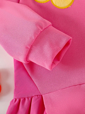 1pc Young Girls Casual Round Neck Pink Floral Print Long Sleeve Dress, Cute & Sweet, Autumn/Winter