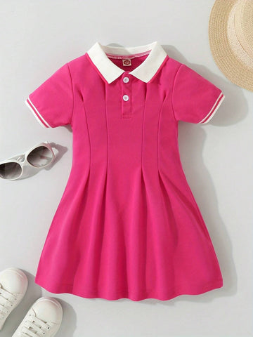 1pc Young Girls' Casual Short Sleeve Knitted Color Block Polo Neck Dress For Summer