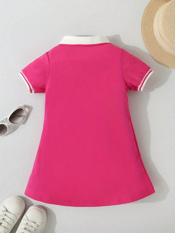 1pc Young Girls' Casual Short Sleeve Knitted Color Block Polo Neck Dress For Summer