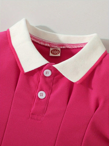 1pc Young Girls' Casual Short Sleeve Knitted Color Block Polo Neck Dress For Summer
