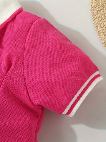 1pc Young Girls' Casual Short Sleeve Knitted Color Block Polo Neck Dress For Summer