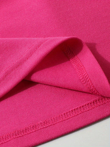 1pc Young Girls' Casual Short Sleeve Knitted Color Block Polo Neck Dress For Summer