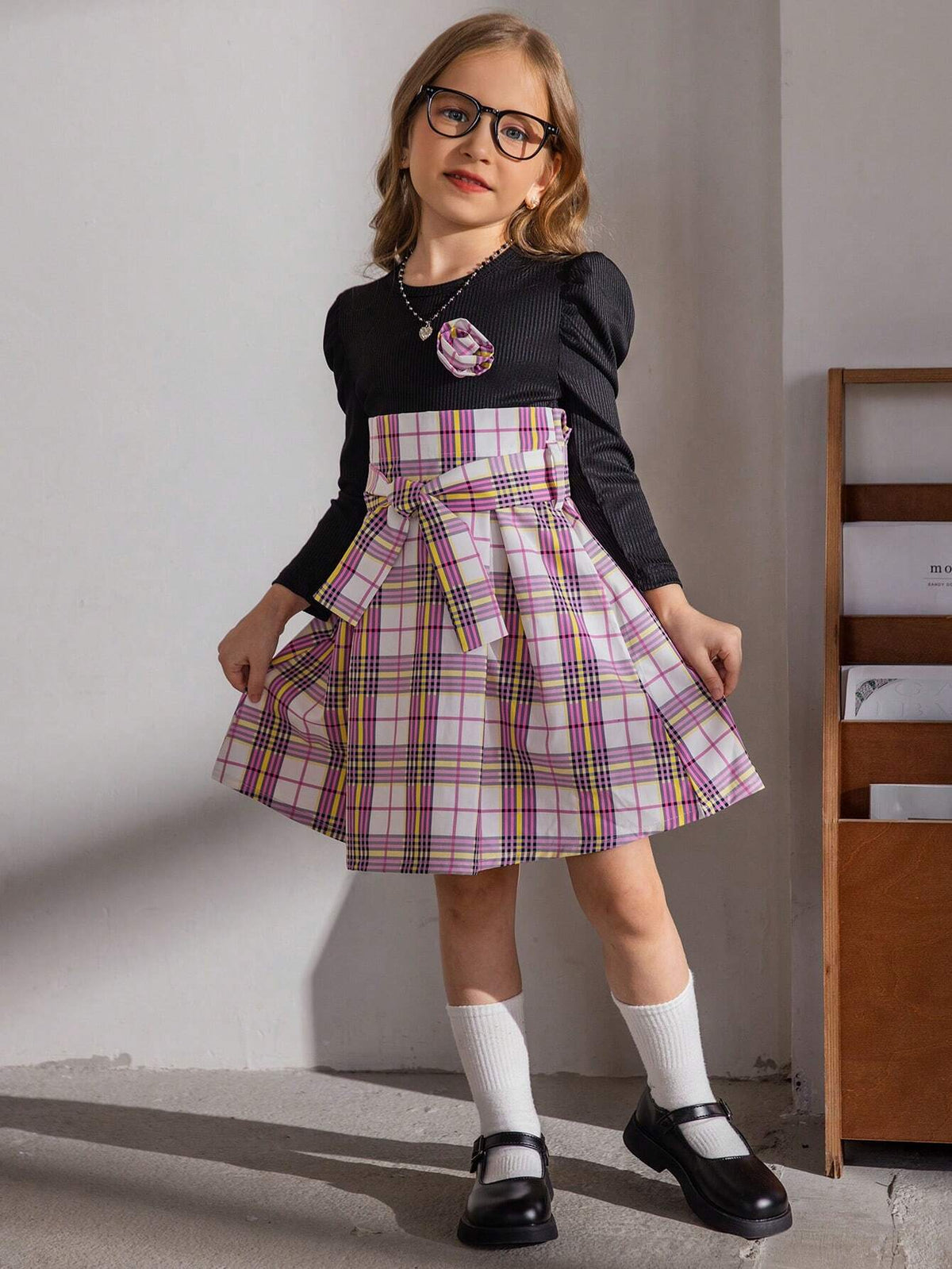 1pc Young Girls' Casual Style Colorful Long Sleeve Plaid Dress, Autumn/Winter