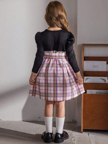 1pc Young Girls' Casual Style Colorful Long Sleeve Plaid Dress, Autumn/Winter