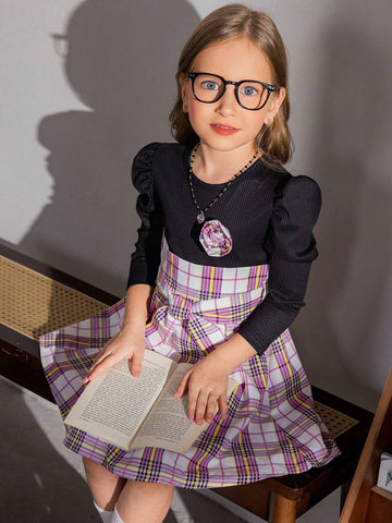 1pc Young Girls' Casual Style Colorful Long Sleeve Plaid Dress, Autumn/Winter