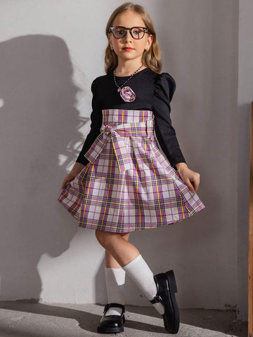1pc Young Girls' Casual Style Colorful Long Sleeve Plaid Dress, Autumn/Winter