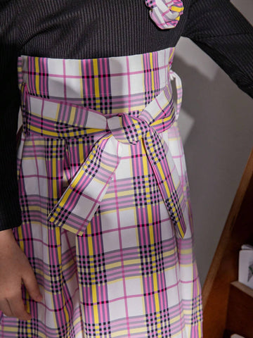 1pc Young Girls' Casual Style Colorful Long Sleeve Plaid Dress, Autumn/Winter