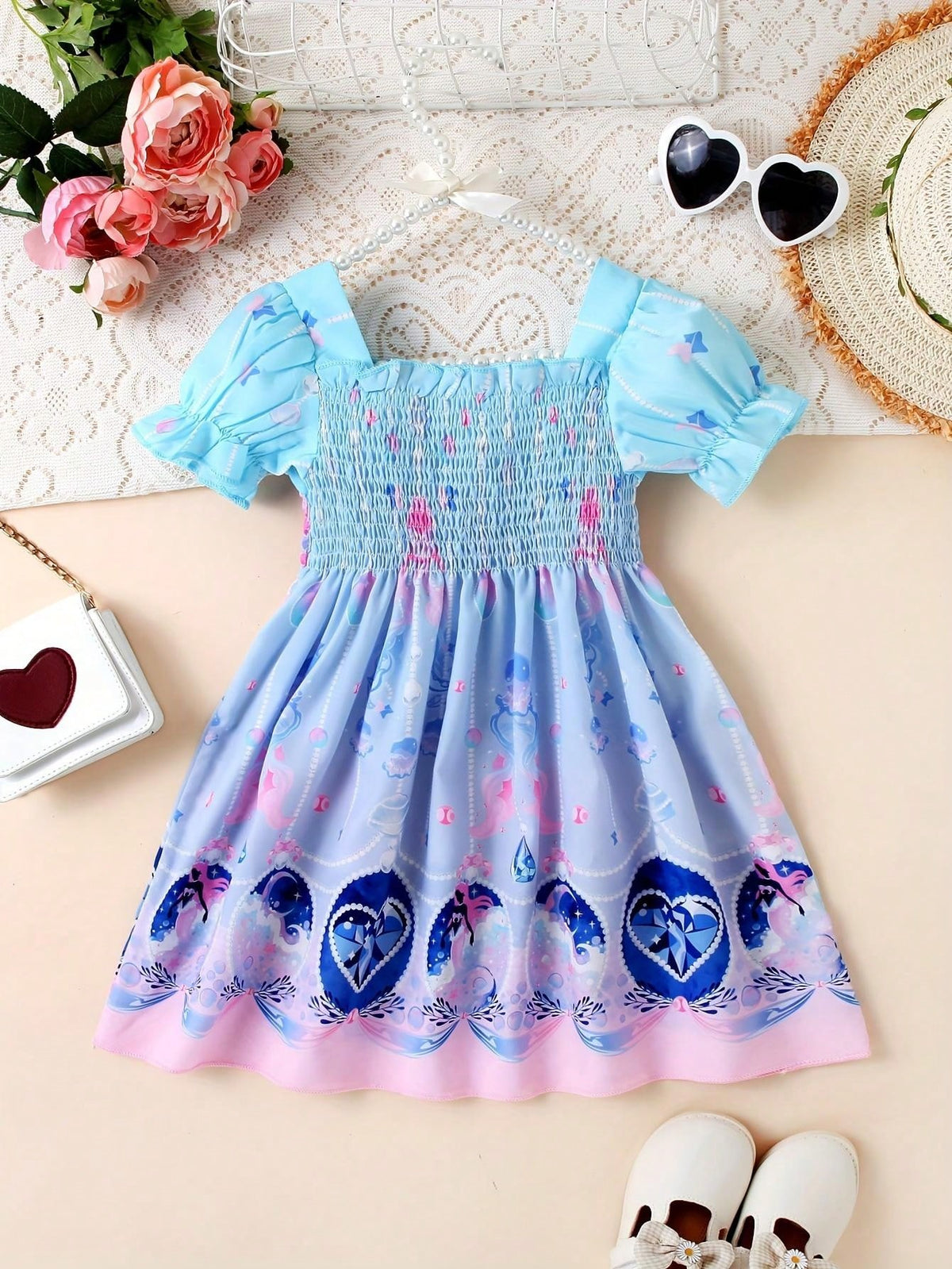 1pc Young Girls' Casual Style Ombre Gemstone Mermaid Graphic Short Sleeve, Bubble Sleeve Princess Dress For Summer