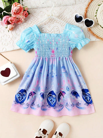 1pc Young Girls' Casual Style Ombre Gemstone Mermaid Graphic Short Sleeve, Bubble Sleeve Princess Dress For Summer