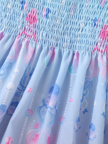 1pc Young Girls' Casual Style Ombre Gemstone Mermaid Graphic Short Sleeve, Bubble Sleeve Princess Dress For Summer