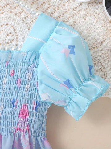 1pc Young Girls' Casual Style Ombre Gemstone Mermaid Graphic Short Sleeve, Bubble Sleeve Princess Dress For Summer