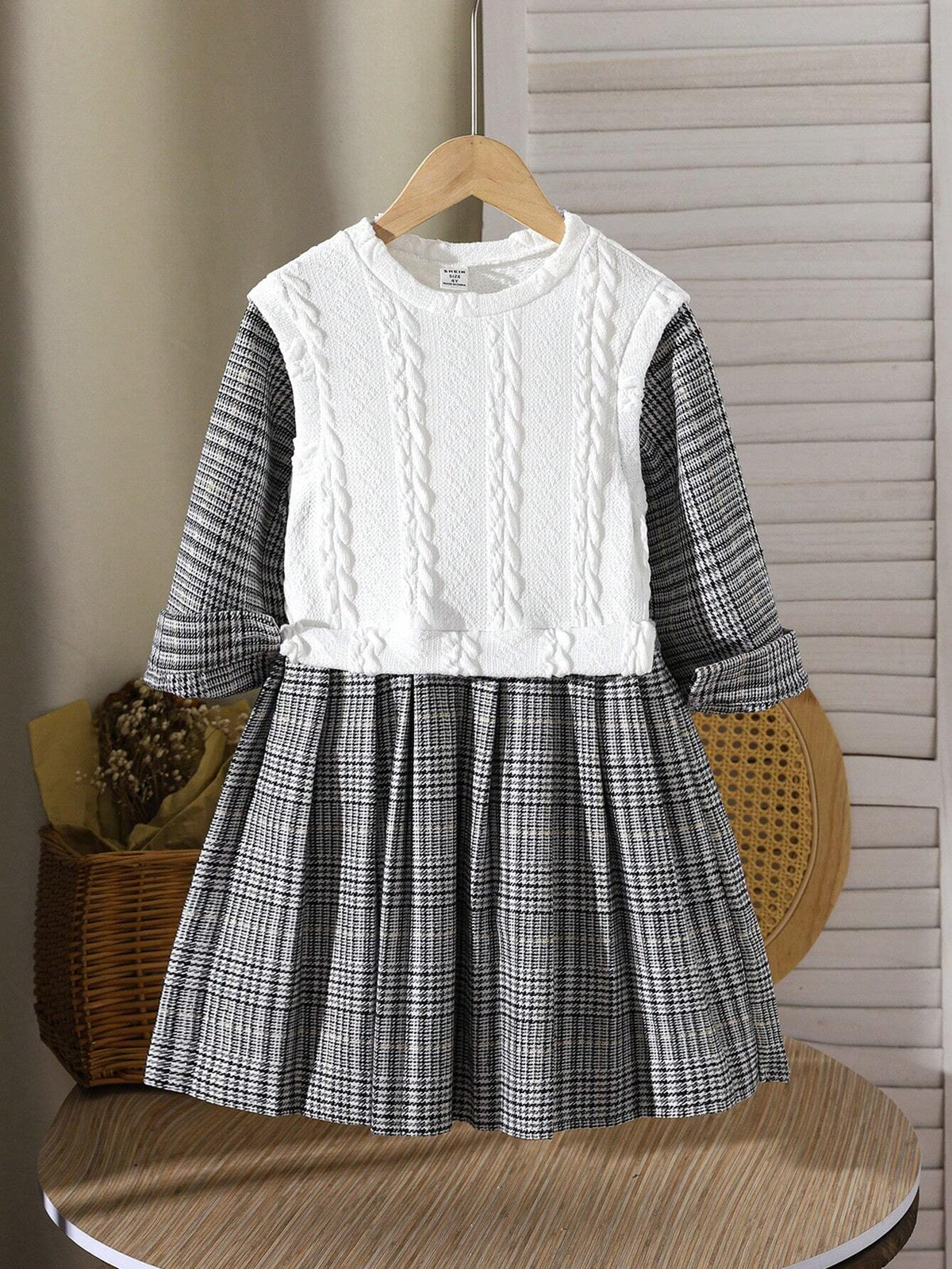 1pc Young Girls Cute 2 In 1 Jacquard Patchwork Corduroy Pleated Dress
