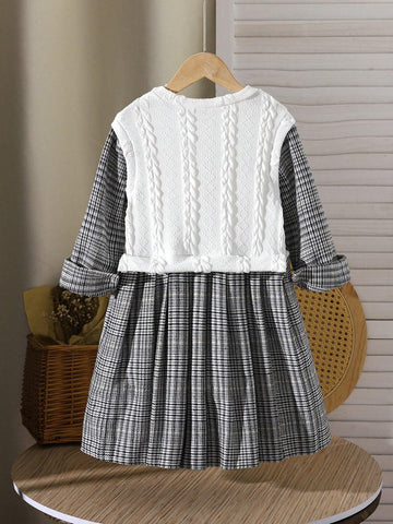 1pc Young Girls Cute 2 In 1 Jacquard Patchwork Corduroy Pleated Dress