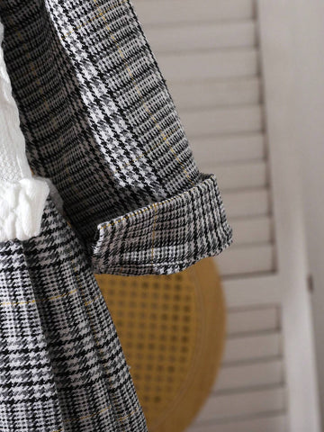 1pc Young Girls Cute 2 In 1 Jacquard Patchwork Corduroy Pleated Dress