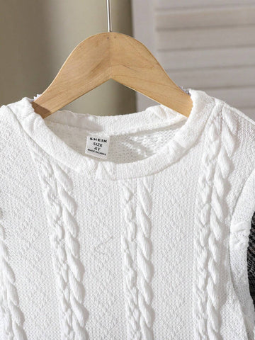 1pc Young Girls Cute 2 In 1 Jacquard Patchwork Corduroy Pleated Dress