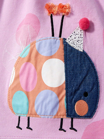 1pc Young Girl's Cute Animal Applique & 3d Ball Decor Big Polka Dot Print Dress For Summer