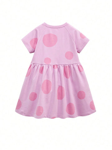1pc Young Girl's Cute Animal Applique & 3d Ball Decor Big Polka Dot Print Dress For Summer