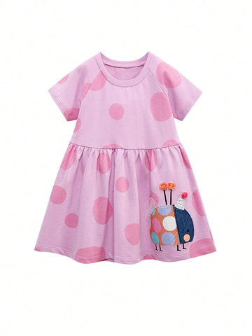 1pc Young Girl's Cute Animal Applique & 3d Ball Decor Big Polka Dot Print Dress For Summer