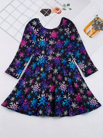 1pc Young Girls Cute Elegant Glamorous Sweet Princess Fantasy Colorful Snowflake Print Round Neck Long Sleeve Party Dress, Spring Summer Autumn