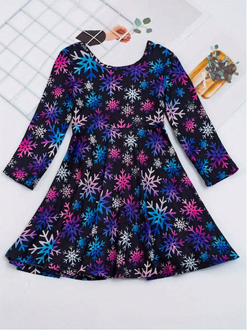 1pc Young Girls Cute Elegant Glamorous Sweet Princess Fantasy Colorful Snowflake Print Round Neck Long Sleeve Party Dress, Spring Summer Autumn